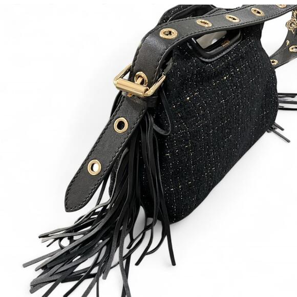 NWT MAJE Black Gold Metallic Tweed Crossbody Shoulder Bag Purse Leather Tassel - Picture 4 of 10
